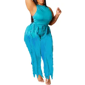 Elegant Women's Solid Color Tassel Two-Piece Set - Crew Neck Sleeveless Top & High-Waist Pants Stretchy Polyester Blend Machine Washable for Casual Yoga