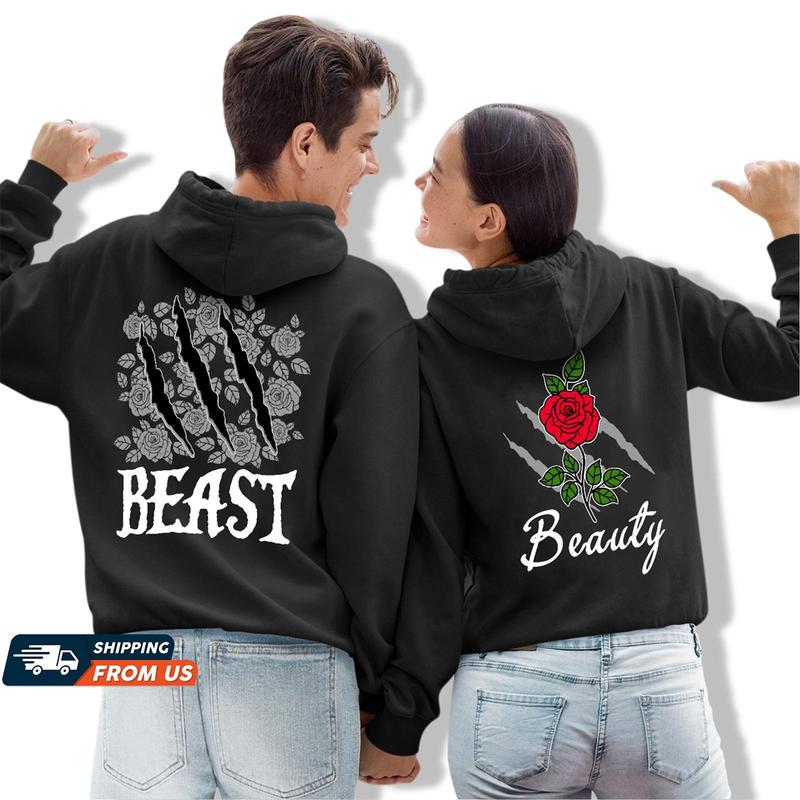 Beauty And The Beast Her Beast His Beauty Hoodie for Couple Graphic Hoodie Casual Fleece Fabric Pullover Hooded Sweatshirt Trendy Tops Oufits