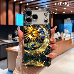 Celestial Sun Moon Star Stained Glass Style Pattern Four Corner Anti-Fall Phone Case Transparent Electroplated Protective Cover for iPhone 17 Pro Max Air 16 15 Plus 14 13 12 11