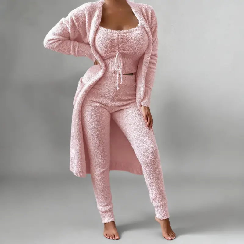 Women's plush three-piece lace-up pajamas set casual suit home clothes Loungewear Nightwear pajamas