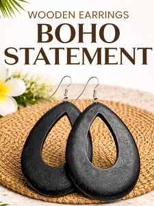 Wooden Dangle Earrings Boho Ethnic Statement Earrings Lightweight Round Long Earrings Women