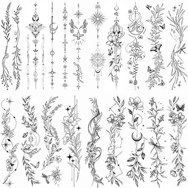 24 Sheets Black Flower Temporary Tattoos For Women Girls | Leaf Wild Plants Sketch Realistic Long-lasting Tattoo Stickers Waterproof Tattoo Sets for Arm Leg Backbone Body Art