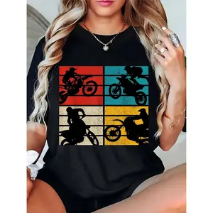 Women's Vintage Motocross Dirt Bike Graphic T - Shirt, Retro Color Block Biker Tee for Casual Sports & Motocross Enthusiasts 100% Cotton T-shirt