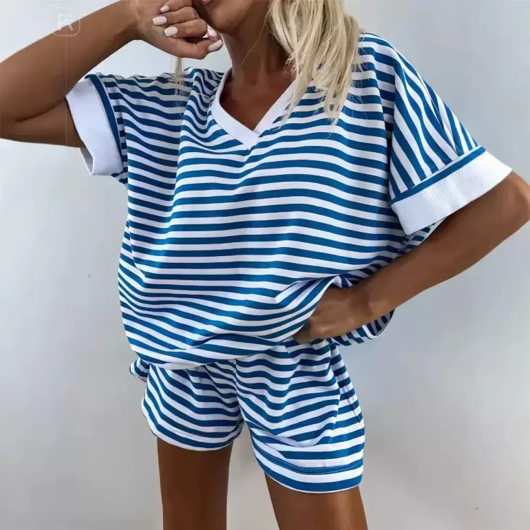 NBGRLVS Women's Plus Size Striped Round Neck Long Sleeve 2 Piece Set - T-Shirt & Shorts, Sporty Chic Matching Activewear, Casual Summer Back to School Sports Clothing Set, 2 Piece Sets