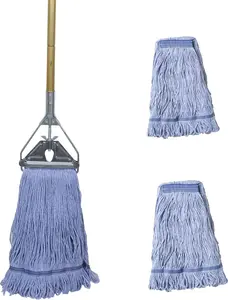 Heavy Duty Commercial Industrial Mop, 58" Looped-End String Wet Cotton Mop for Floor Cleaning, Includes Three Replacement Mop Heads