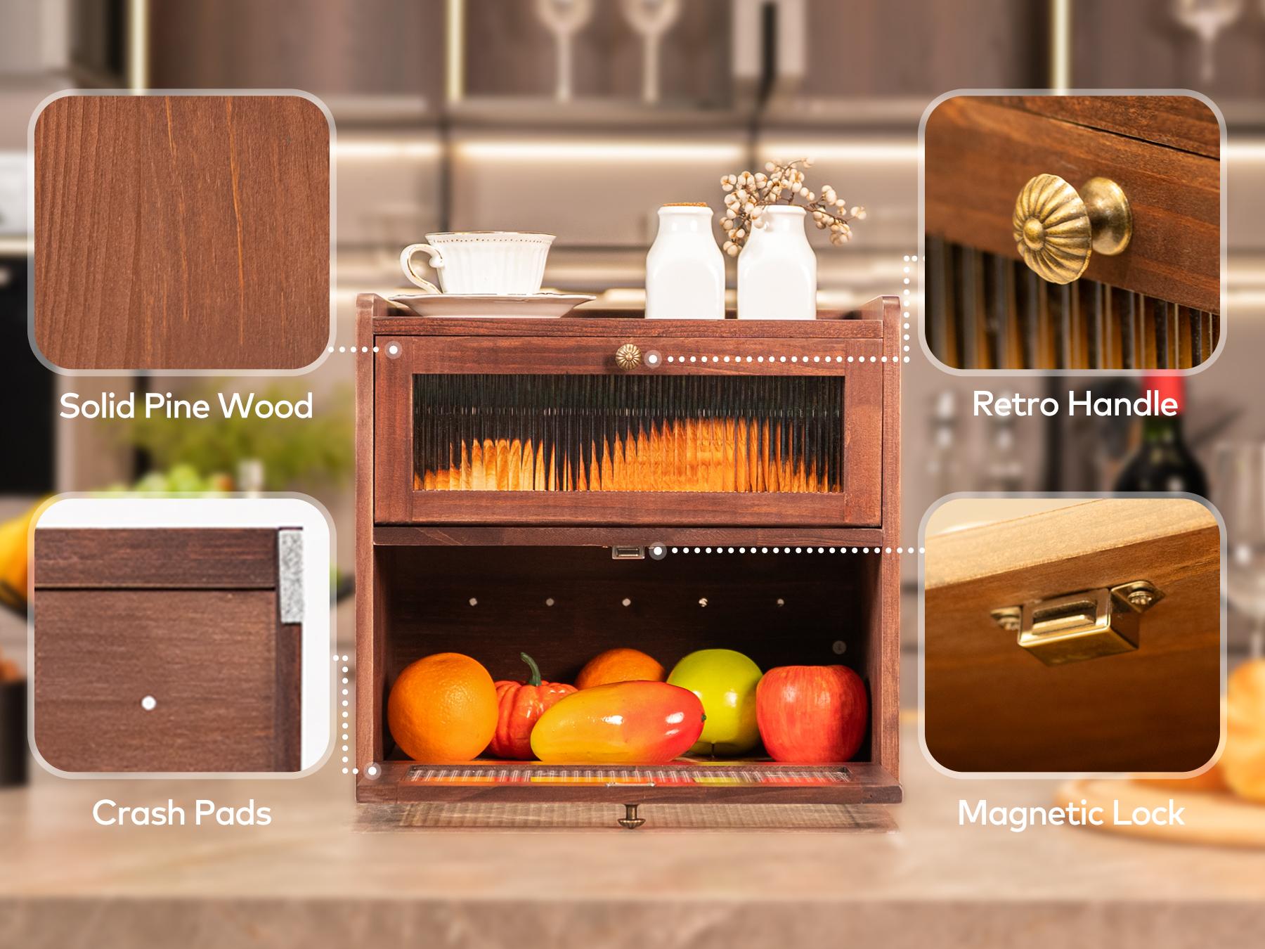 Solid Wood Bread Box for Kitchen Countertop , 2-Tier Large Wooden Bread Storage Bin , Farmhouse Bread Keeper for Homemade Bread, Brown (50 Deli Papers)