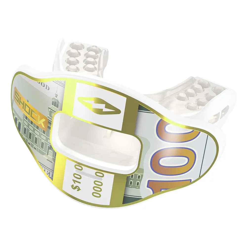 Shock Doctor Chrome Gold Band Max AirFlow Football Mouthguard - Enhanced Breathing, Flexible Polymers, Proprietary Design, Bite Pads, Quick Release Tether Legit Bpa Free