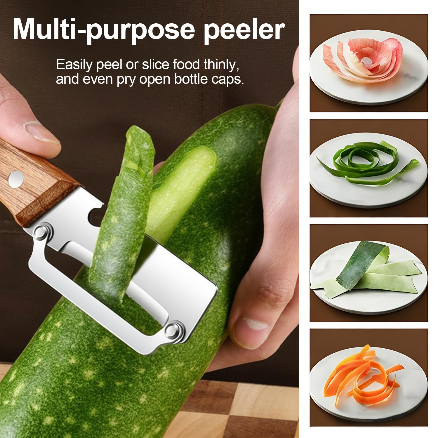 Multi Functional Premium Vegetable Peeler,Sharp Stainless Steel Blade, Ergonomic Wooden Handle + Built-in Bottle Opener,Practical Kitchen Tool for Vegetable Apple Potato Sugar Cane