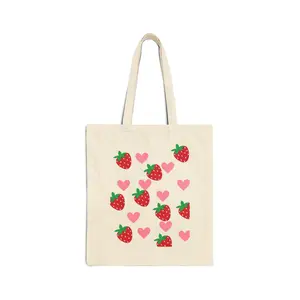 "Strawberry Tote Bag with Pink Hearts, Cute & Trendy Fruit Design, Reusable Shopping Bag, Gift for Her, Cute Handbag, Eco-Friendly Tote"