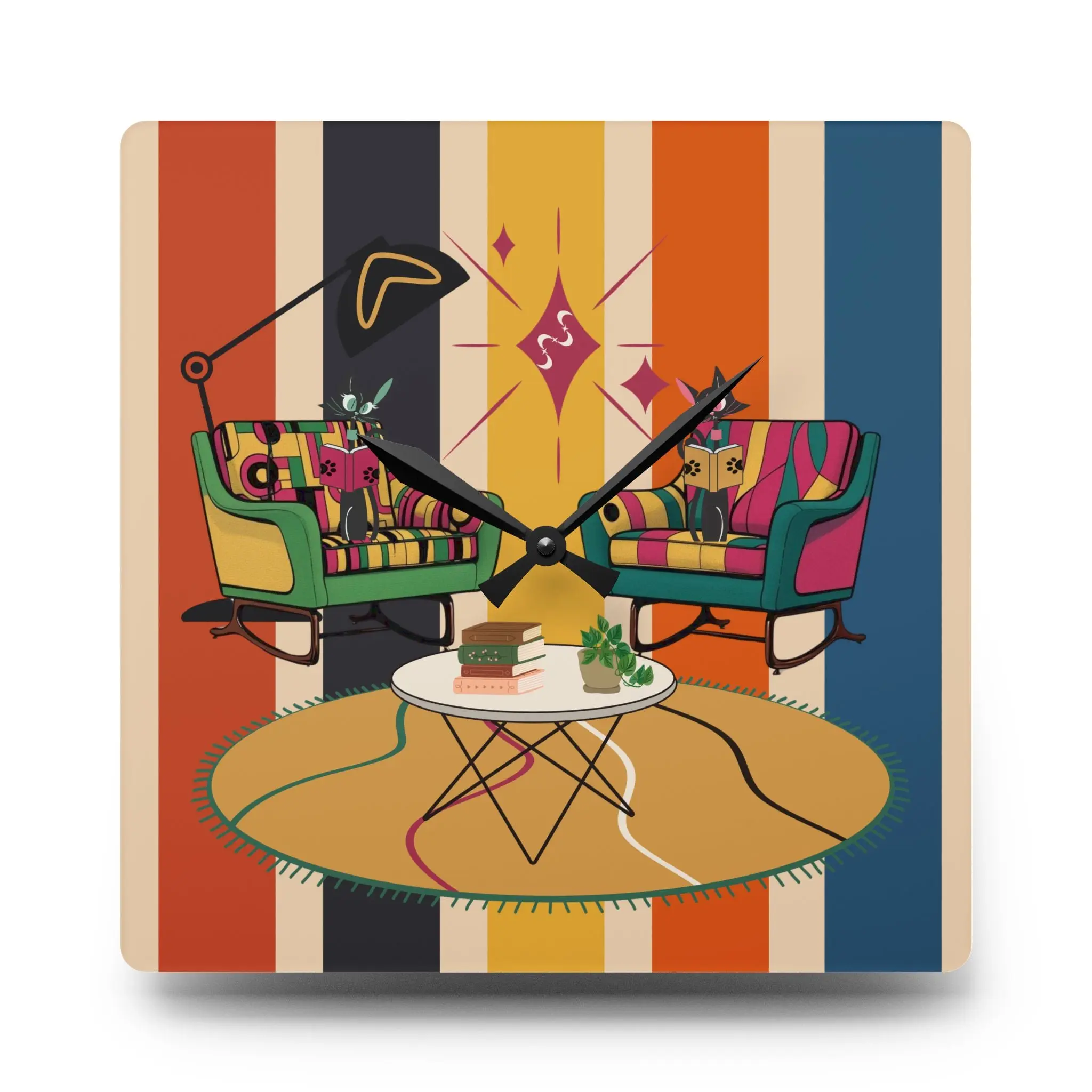 Retro Mid Century Modern Clock - Book Lover Gal, Kitschy Mod Stylish Living Room Decor