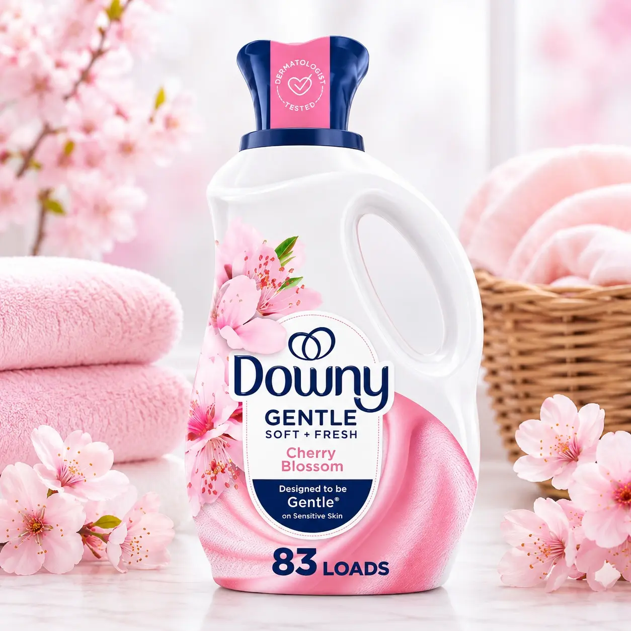 Downy Gentle Liquid Fabric Softener, Cherry Blossom Scent, 56 Fl Oz, 83 Loads, Gentle on Skin, Soft & Fresh Laundry Conditioner