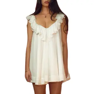 Women Ruffle Hem Pajama Dress  Sleepwear Deep V-Neck Babydoll Dress Low Back Chiffon Lace Pjs Loungewear Short Mini Dress