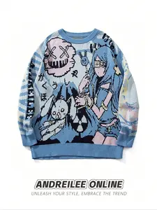 Unisex Y2K Style Punk Cartoon Print Sweater, Casual Loose-Fitting Round Neck Long Sleeve Pullover for Fall & Winter