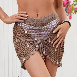 Vacation Beach Hand-Crocheted Short Skirt Sexy European American Style Bikini Bodycon Shell Cutout Midi Skirt for Beachwear