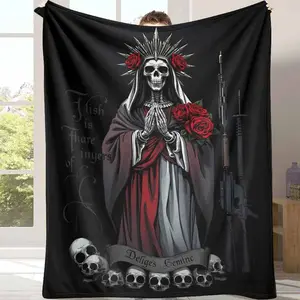 Santa Muerte Flannel Blanket Grim Reaper & Roses Gothic Art Print Pattern Soft Plush Blanket for Living Room Bedroom Office Halloween Decor Day of the Dead Celebration Unique Spiritual Gift Goth Home Decor Altar Cloth-280GSM