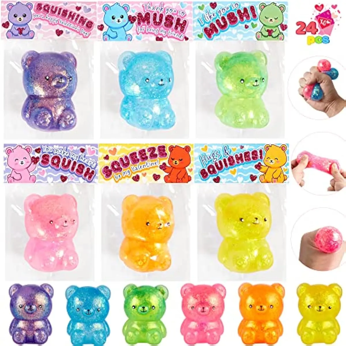 24 PCS Valentines Day Bear Toys with Card, Squeeze Stretchy Stress Relief and for Classroom Exchange, Valentine's Party Favors, Toys for Boys and Girls