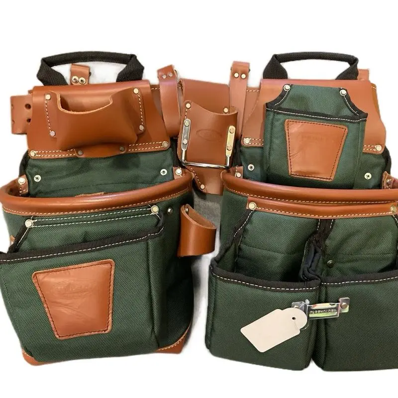 Framer Leather Tool Belt Made with Nylon Heavy-Duty Construction Pouches with Brass Hardware & Green Canvas Accents Tool Storage Bag, Leather/Nylon, Pouches/Belt