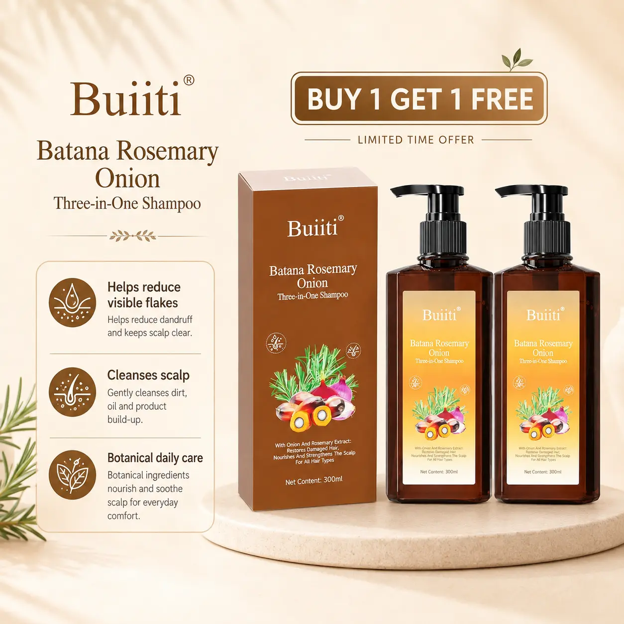 【Buy 1 Get 1 Free】Buiiti Batana Rosemary & Onion 3-in-1 Shampoo | Daily Hair & Scalp Care | Cleansing & Freshness | For Flake-Prone Scalp | All Hair Types