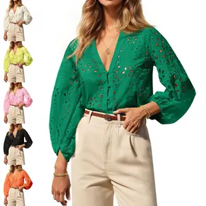 Beotyshow Womens Deep V Neck Eyelet Blouses Tops Dressy Casual 3/4 Balloon Sleeve Cotton Button Down Shirts