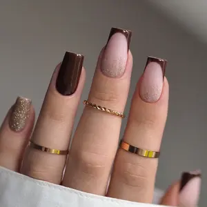 24pcs Medium Square Short Length Press-On Nails, Edge Color Block Glitter Sweet Cool French Style, Women's Party Dance Daily Wear, French Tips Nails