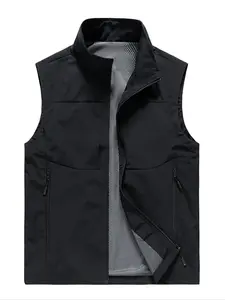 Men's Solid Zip Up Pocket Vest Gilet Jacket, Regular Fit Casual Stand Collar Sleeveless Outerwear for Spring & Fall, Men's Clothes for Daily Wear, Clothing