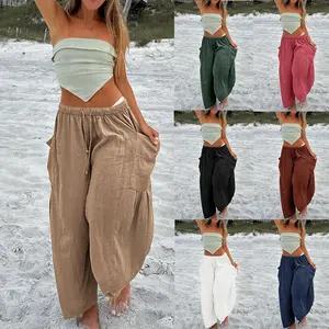 Women Linen Pants for Beach Vacation Daily Casual Travel| High Waist Elastic Waist Loose Wide Leg Harem Pants with Pockets