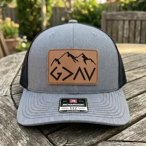 God Is Greater Than The Highs And Lows Leather Patch Hat, Vintage Americana Christian Faith Trucker Cap, Retro Mountain Peak Religious Symbol Snapback