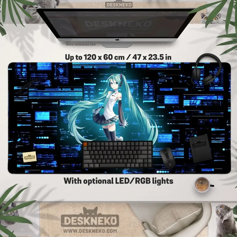Y2K Anime Desk Mat, Glitch Girl Mouse Pad, Aesthetic Mousepad XL, XXL Gaming Deskmat LED, Hatsune Miku Glitch , Extra Large Anime Mouse Mat, Desk Mat Gifts