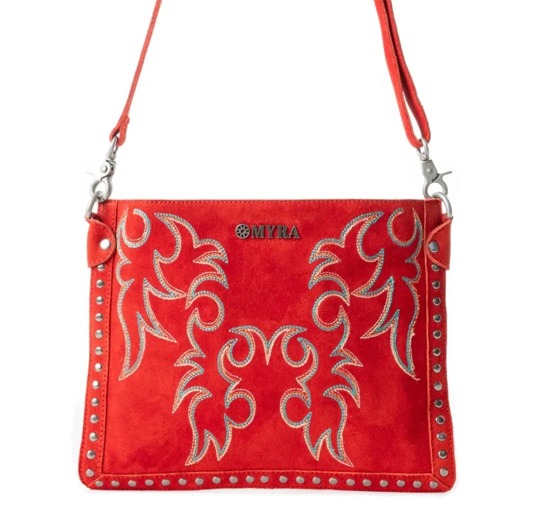 The Margot / Red Embroidered Leather Suede Finish Crossbody Bag