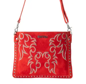 The Margot / Red Embroidered Leather Suede Finish Crossbody Bag