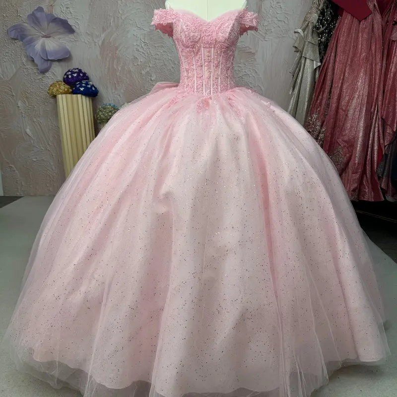 chinese dress ladies Pink Off-the-Shoulder Lace-Up Back Quinceanera Dress Ball Gown