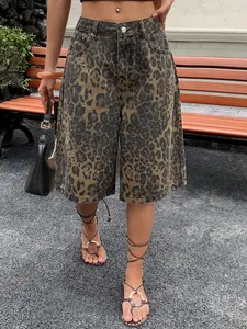 2026ss Leopard Print Casual Denim Mid-Thigh Pants, Fashionable Single Piece, Simple Versatile Design, Washed Jeans for Everyday Wear