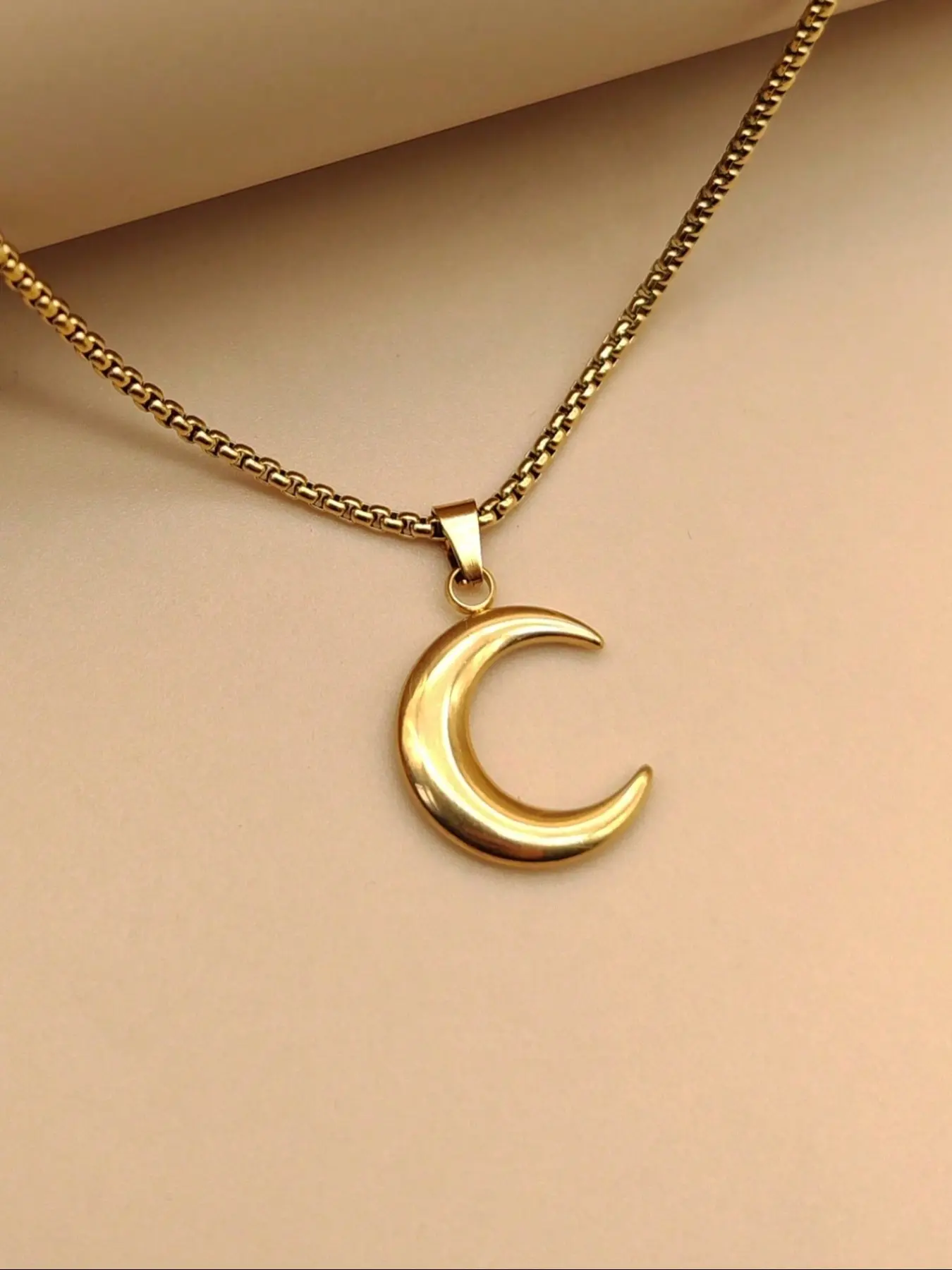 Stainless Steel Moon Pendant Necklace, Vintage Large Horn New Moon Charm, Women's Bohemian Beach Jewelry Gift
