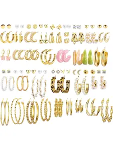 35-50 Pairs Gold Hoop Earrings Set for Women Girls,Silver Multipack Stud Earring,Statement, Chunky,Drop,Cartilage,Dangle,Big Large,Hypoallergenic Earings for Multiple Earlobe, Trendy Jewelry