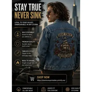 Stay True Never Sink ship illustration Denim Jacket | nautical tattoo roses