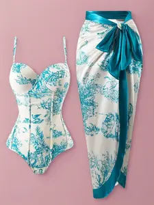 Tummy Control Corset Style Bathing Suit & Cover Up Sarong Set for Women