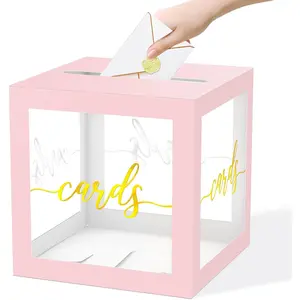 Clear Card Box for Party, 8.7" Gold Foil Gift Cards Receiving Box Holder for Wedding, Bridal Shower, Graduation, Birthday, Retirement, Baby Shower, Anniversaries Party Decorations (Pink)