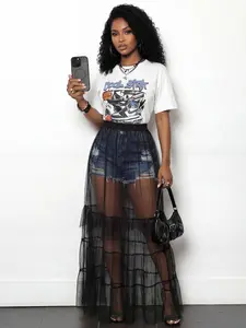 Sheer Mesh Half Skirt, Multi-Layer Lace Long Transparent over Skirt, Bold Style Nightclub Party Streetwear Layered High Waist Dress