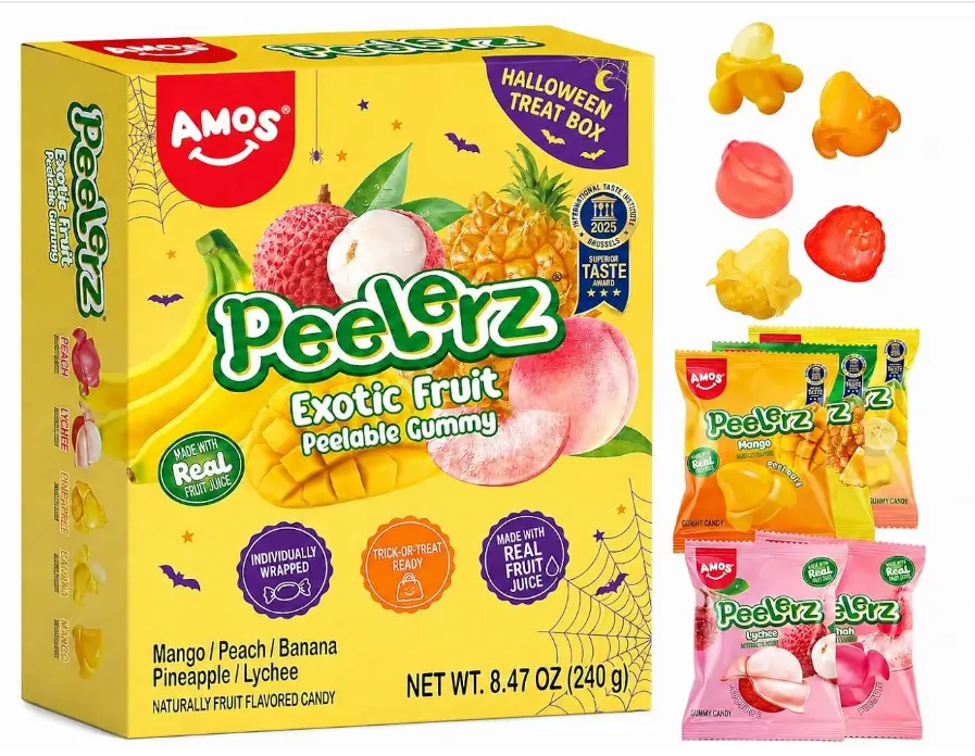AMOS Peelerz Exotic Fruit Peelable Gummy Candy – 5 Fruit Flavors (Mango, Peach, Banana, Pineapple, Lychee), 8.47oz (240g), Individually Wrapped