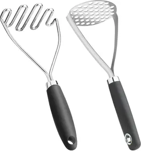 Potato Masher Set of 2 Pieces, 10.25-Inch Stainless Steel Wire Mashed Potato Masher, Kitchen Gourmet Making Tools Professional Integrated Honeycomb, For Vegetable, Fruit, Melon, Potato Etc, Black