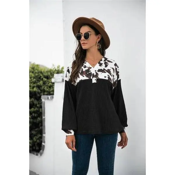 Cow Print Patchwork Western Waffle Knit Blouse Top