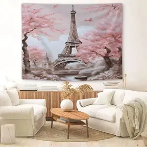 Cherry River Paris Pink Cherry Boat Decor Tapestry (1 Pc) Uses Soft Printing & Durable Draped Fabric with Pink Cherry Boat Eiffel Tower Pattern, Ideal for Healing Users, Literary Audiences, Fits Living Room Walls, Bedroom Leisure Corners