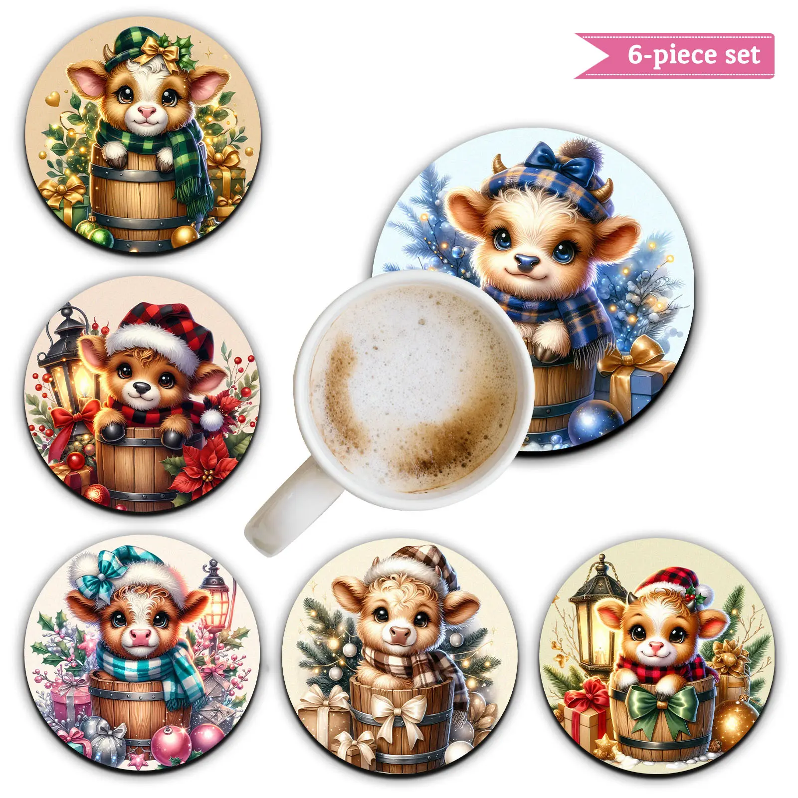 6pcs Christmas wooden coasters set, Christmas Highland Cow pattern, perfect home table decoration coasters, various party gathering decoration wooden coasters