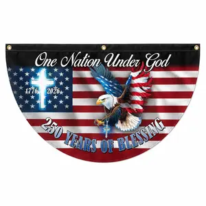 (1 Piece Only) Christian Patriotic Semicircular Flag, One Nation Under God 250 Years of Blessings Porch Bunting, Eagle Cross USA 1776 2026 Independence Day Decor, We provide 2 grommet holes for this product.