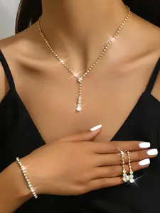 Women's Elegant Rhinestone Decorated Jewelry Set Synthetic Crystal Tassel Design, Exquisite Trendy Necklace, Earrings & Bracelet, Fashionable Jewelry Set for Party Decoration Girlfriend Gifts