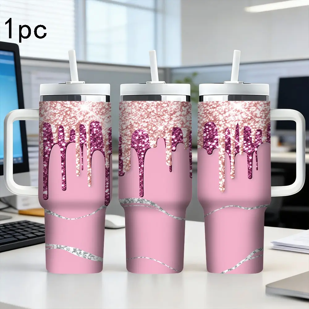 40oz stainless steel insulated cup, Tumbler, Thermo cup, Insulated Drinkware, with handle and straw - Pink sparkly dot pattern design, leak-proof travel cup, Christmas gift for women. Perfect for Valentine's Day, Mother's Day gifts