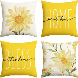 Home Sweet Home Spring Summer Flowers Yellow Throw Pillow Covers, 18 x 18 Inch Cushion Case For Sofa,Couch Set of 4