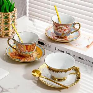 European Style Ceramic Coffee Mug Set 12oz Exquisite Afternoon Tea Cups with Handles Premium Quality for Daily Use and Party Coffee Cup Saucer