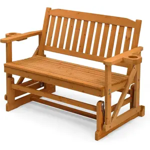 【Mother'sDaygift】Karlhome 2-Person Outdoor Glider Bench, Patio Glider with Cup Holders, Outdoor Rocking Chair Loveseat for Backyard Garden Porch, Teak