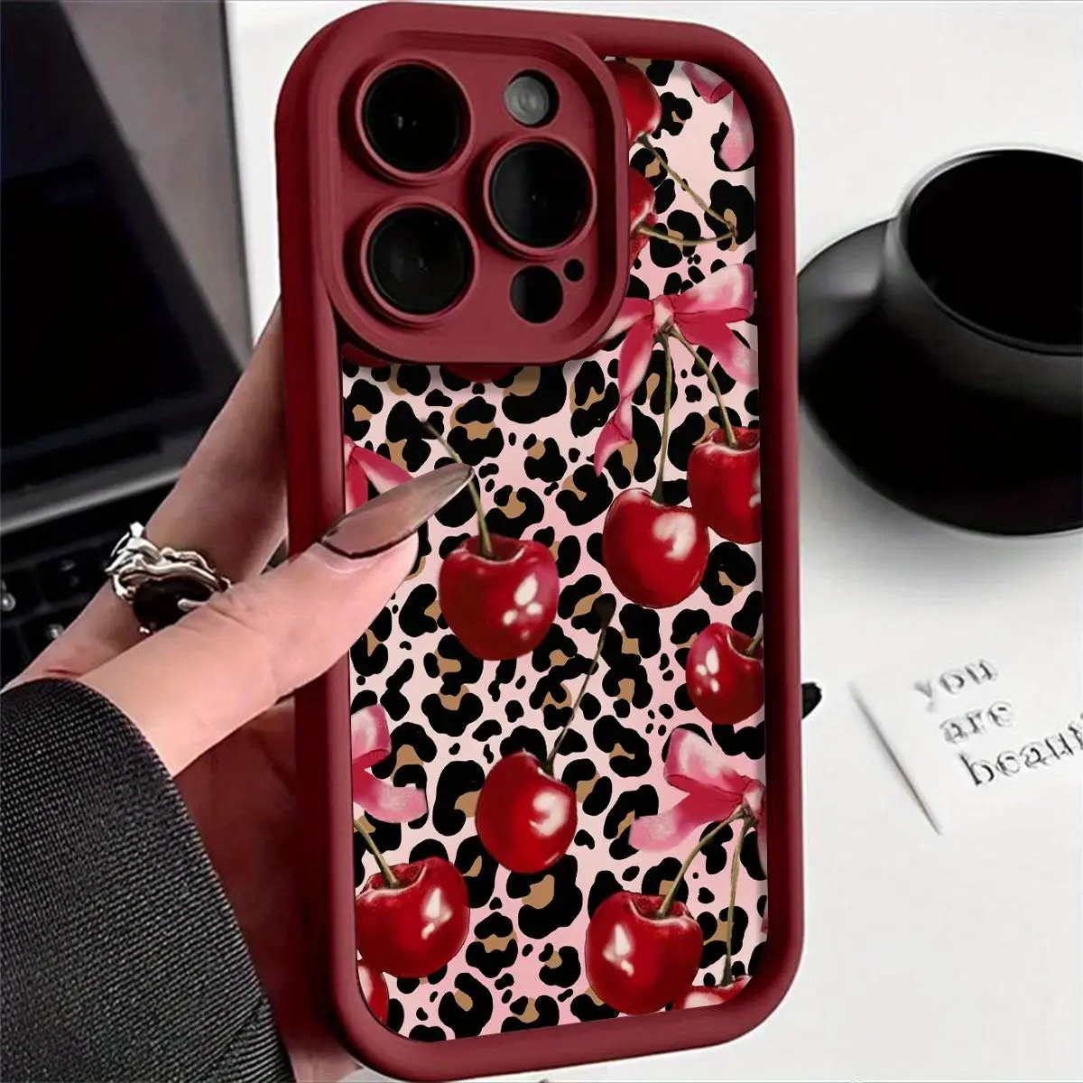 Leopard Cherry Print iPhone Case & Screen Protector Set - Full Body, Military-Grade Durable, Shockproof, Non-Slip, Flexible Silicone Casing with Comfortable Grip, Multi-Model for iPhone 17,16e,15 Plus,14,13,12,11 Pro Max